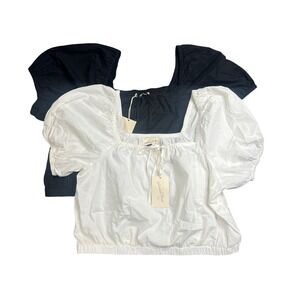 NWT 2-pk Universal Thread Women's Large Puff Sleeve Crop Top Black White 90s Y2K